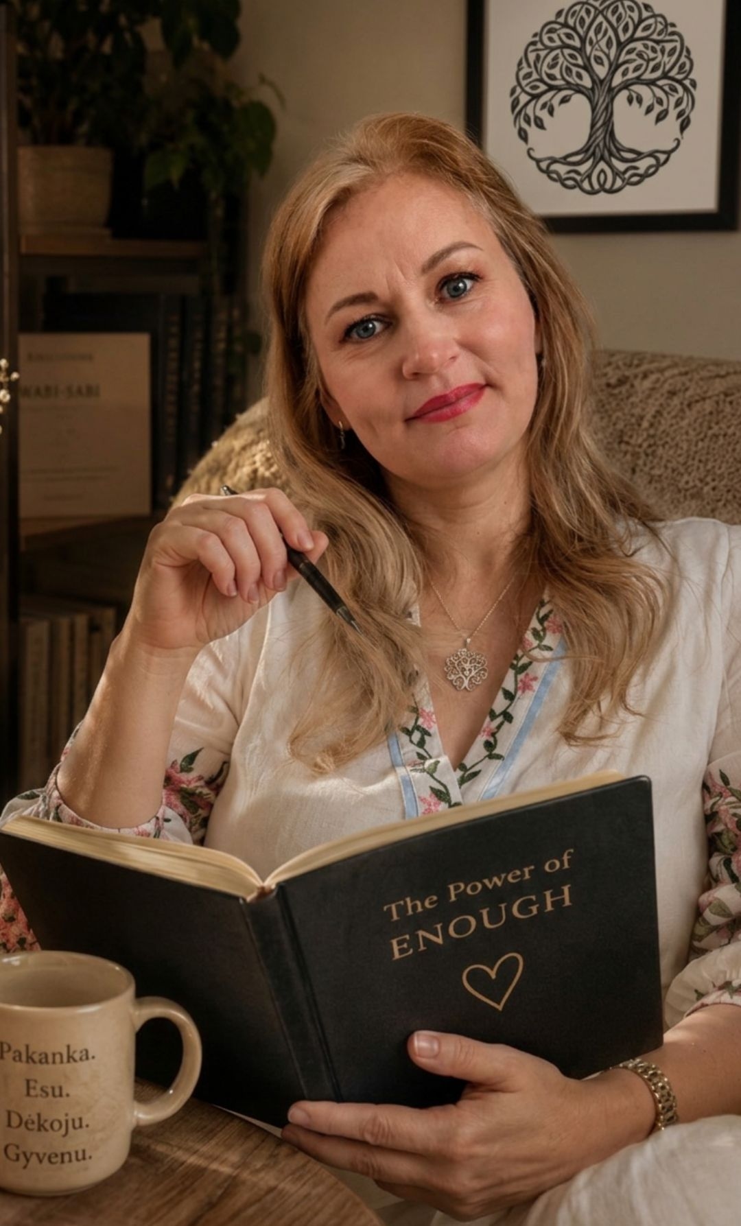 Vaida V. Stone holding an open copy of The Power Of Enough, its title facing the reader.